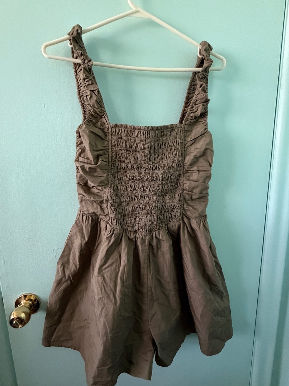 Aritzia Army Green Smocked Romper with Ruffle Straps
